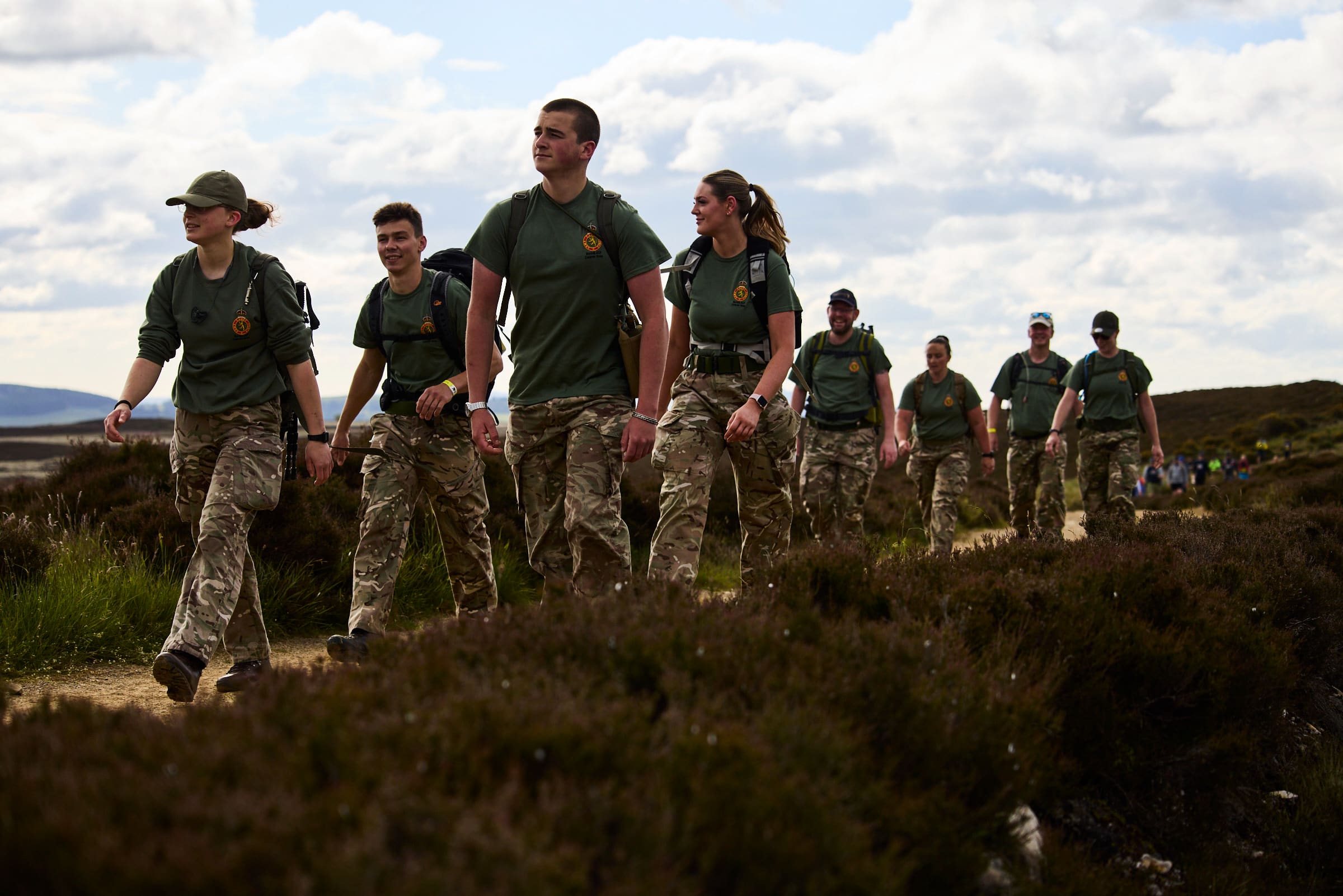 Team of young Army Cadets trekking in Scotland as part of Cateran Yomp